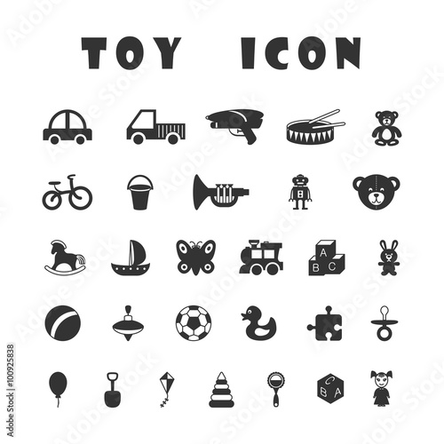 Black toy icons isolated on white background