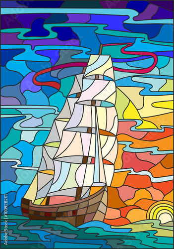 Illustration in stained glass style with sailboats against the sky, the sea and the sunrise