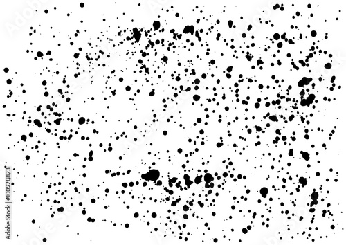 Grainy grunge abstract texture on a white background. Vector splatter of calligraphy ink in black on white background. Black ink blow explosion on white background. Paint spray, drop. Vector.