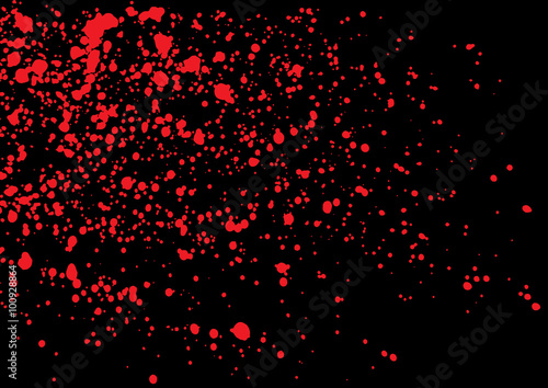 Vector splatter of blood in red color on black background. Bloody explosion on black background. Grainy blood texture blow. Red watercolor spray, drop on black background. Vector illustration. EPS 10.