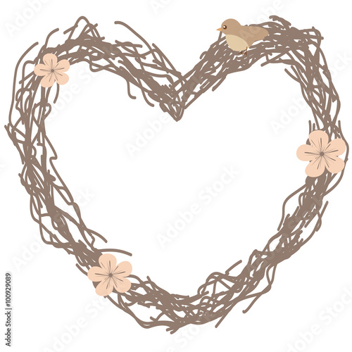 branch heart with flowers and bird romantic cute frame vector illustration