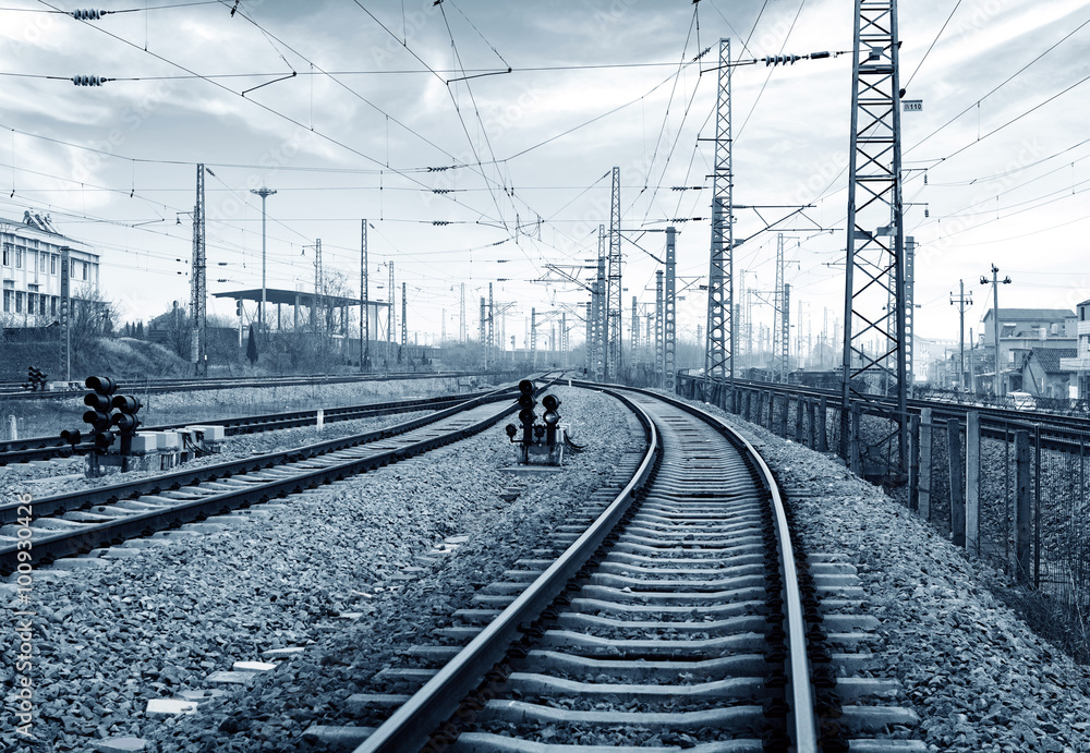 Railway transportation hub, gray tone image.