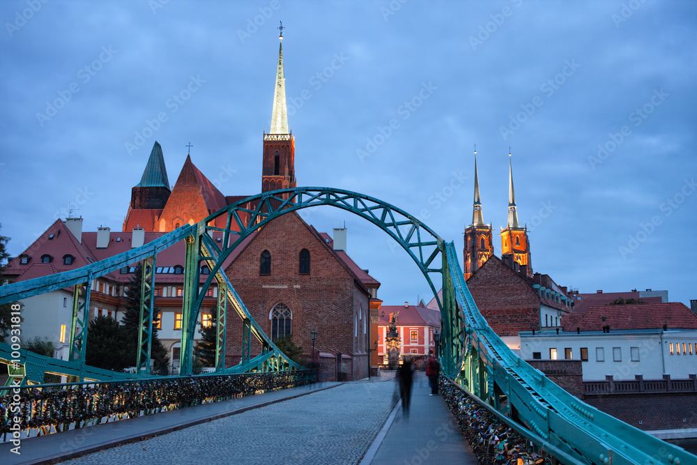 Tumski Bridge in Wroclaw at Dusk