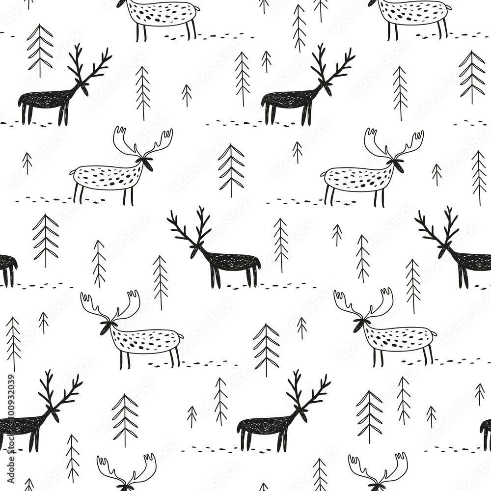 vector hand drawn pattern with deers moose and trees