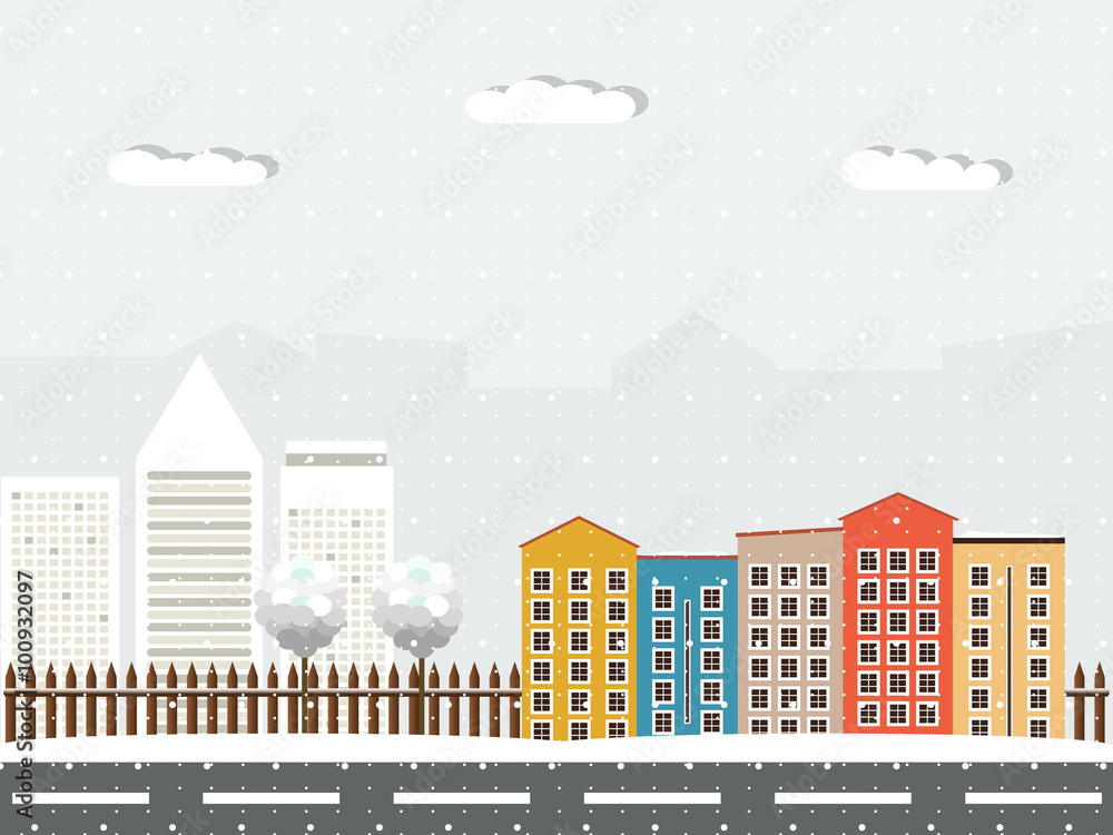 Colorful Quarter And Business City In The Background. Snowfall.