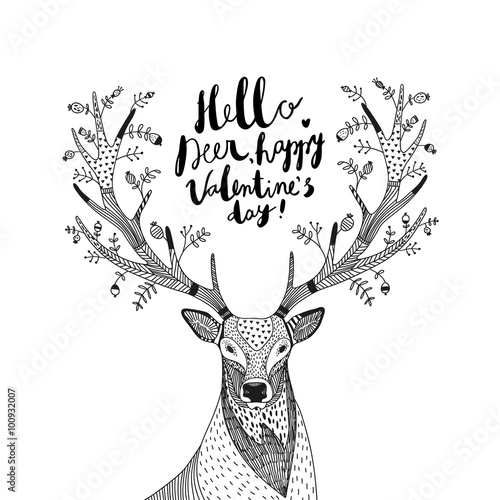 hand drawn vector illustration with a deer and text Hello Deer..