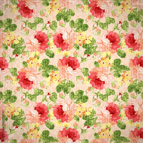 Vintage floral pattern with red roses