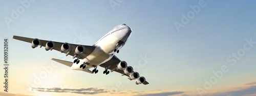 Fotografie Modern Passenger airplane flight in sunset