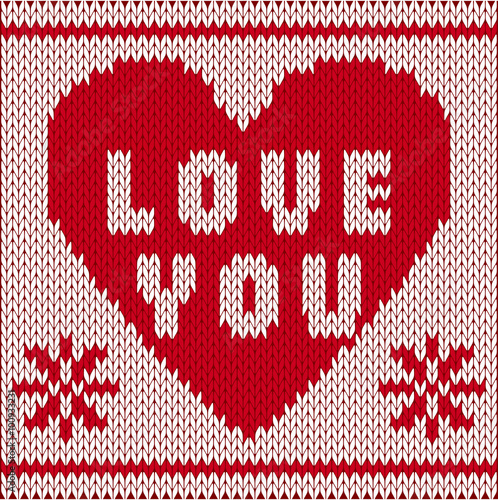 Knitted texture in the shape of a heart with inscription love yo