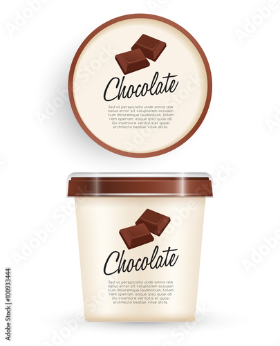 White Plastic Bucket With Brown Lid : Chocolate Ice cream or Yogurt Container : Vector Illustration