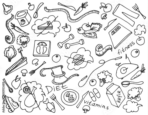 Doodle vector set of diet