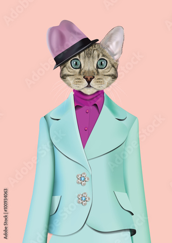 Cat girl dressed up in classic retro style. Vector Illustration of cute anthropomorphic cat wearing suit, blouse, shirt and hat. Realistic Fashion animal portrait isolated on pink background