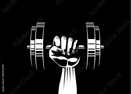 Silhouette illustration of strong hand lifting up steel dumbbell on black background