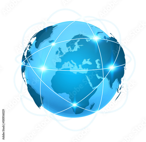 Blue digital world map with connection