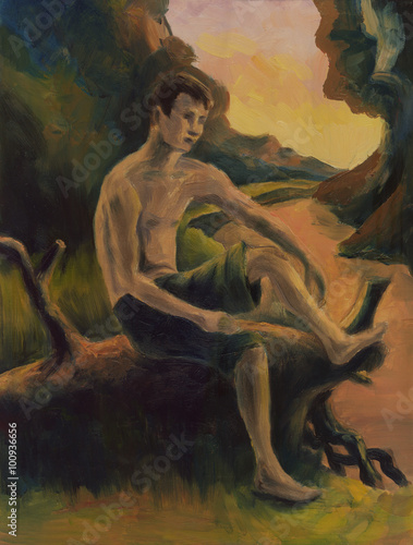 Boy sitting on a log by the river. Oil painting