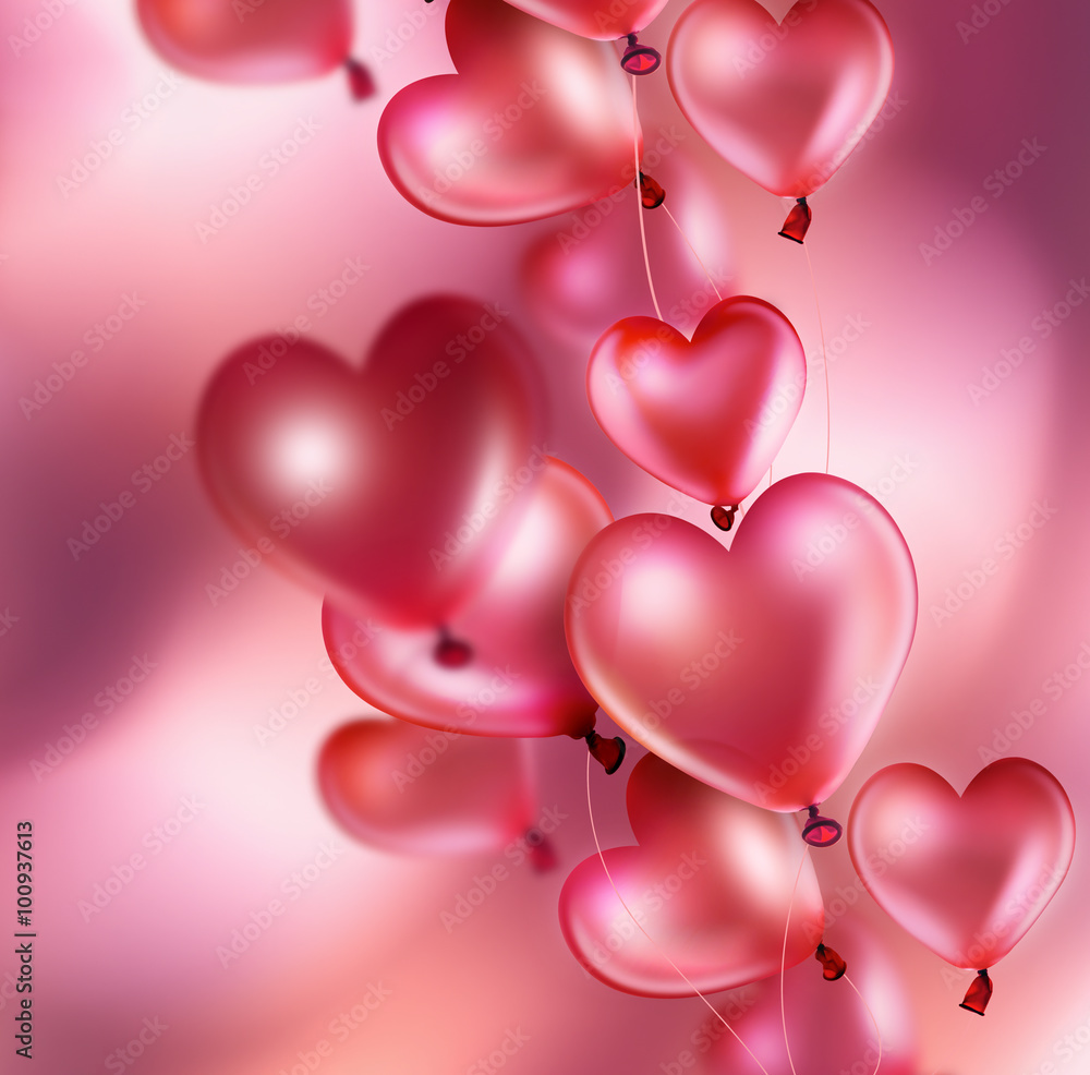 romantic card with pink heart balloons