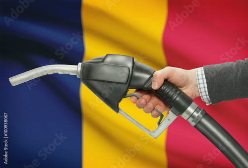 Fuel pump nozzle in hand with national flag on background - Chad photo