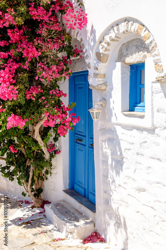 Colorful doors and flowers in white mediterranean street, Amorgo © Martin M303