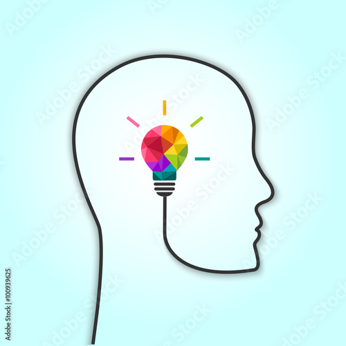 Creative thinking concept with multicolor lightbulb and human head as wire line