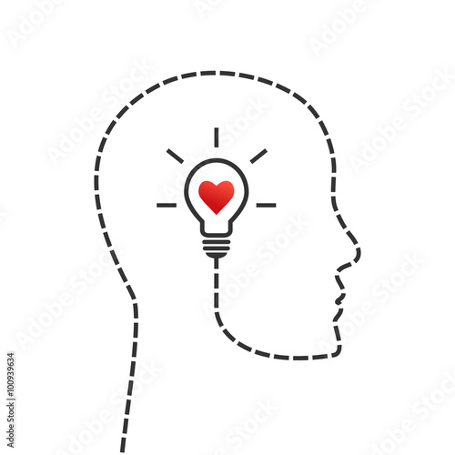 Thinking, good morale and inspiration concept. Face profile and lightbulb as idea symbol with heart inside.