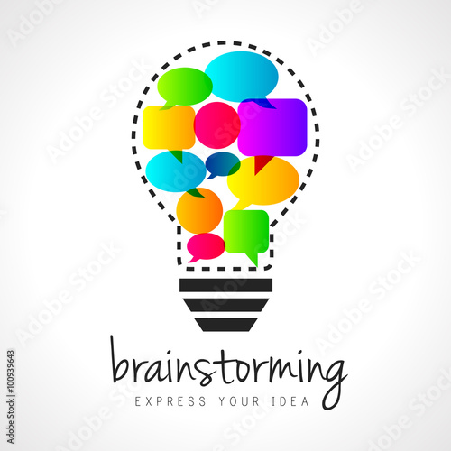 Abstract brainstorming illustration with lightbulb and colorful speech bubbles inside