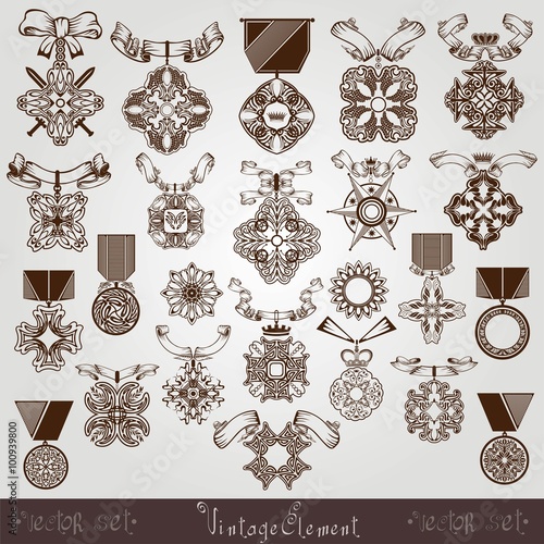set silhouettes of engraving style vintage abstracts medals