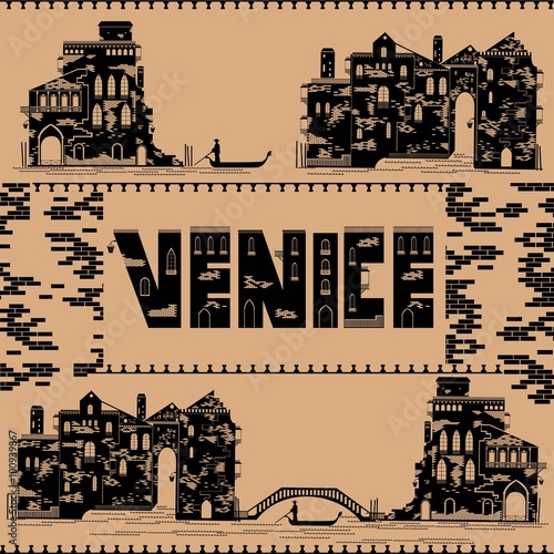 background with silhouette of vinice building engraving style