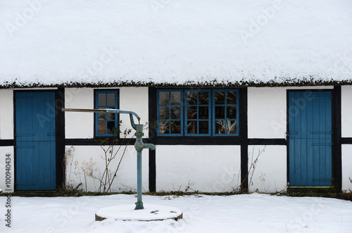 Bild auf Leinwand Thatched house with blue windows and doors in a rural area in denmark