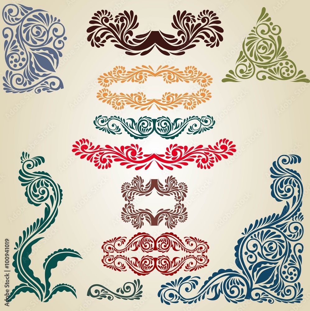 set of silhouette of vintage floral elements