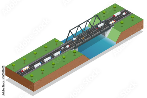 Isometric bridge over the river. Commercial transport. Truck car. Various types of load and cargo. Logistics. Vector isometric illustration.
