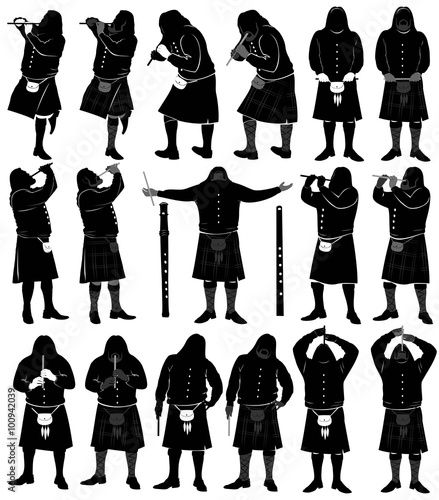 Silhouettes of Scotland flute musicians isolated on white