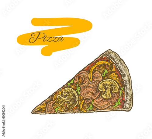 Colorful vintage sketchy style illustration of a cut pizza slice