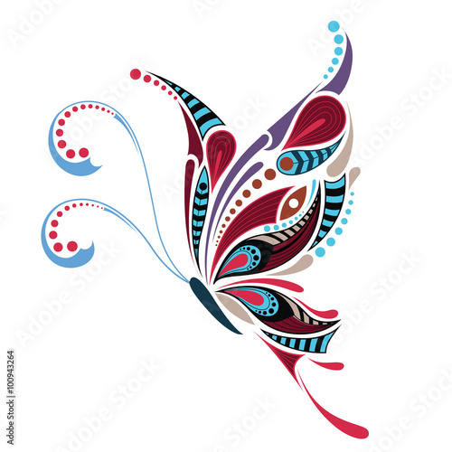 Patterned colored butterfly. African / indian / totem / tattoo design. It may be used for design of a t-shirt, bag, postcard and poster.
