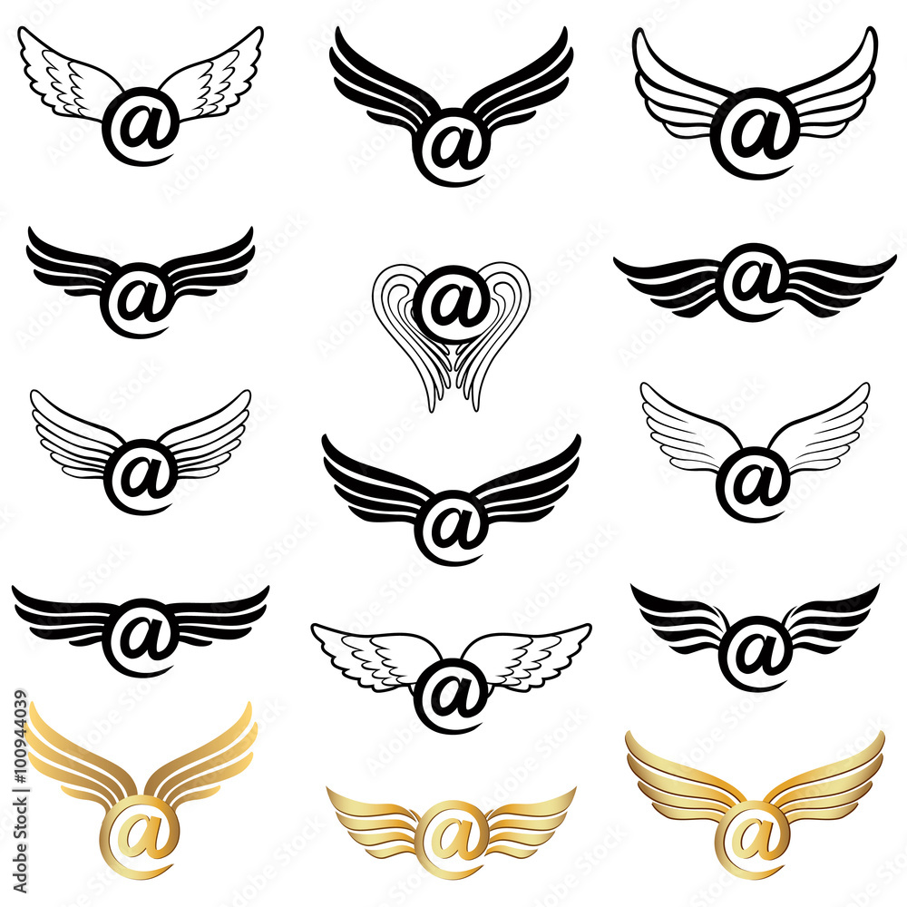 Email winged concept golden and black collection. Mail icon set with wings Email winged concept golden and black collection. Mail icon set with wings