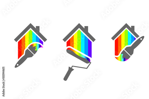 House painter design set with paint brush and roller. House made of color spectrum. 