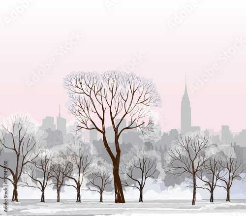 Christmas Winter Cityscape. Winter city landscape. Park alleyway in snow with steel light. Snowy Christmas cityscape with park trees