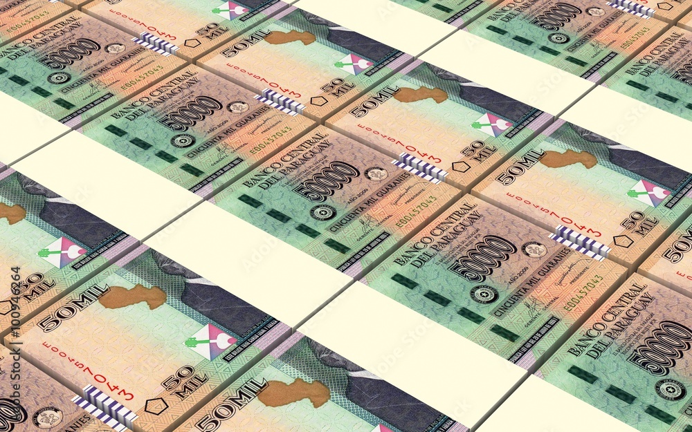 Fototapeta premium Paraguyan guarani bills stacks background. Computer generated 3D photo rendering.