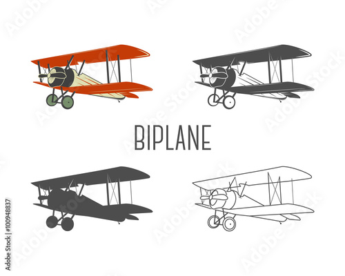 Set of vintage aircraft design elements. Retro Biplanes in color, line, silhouette, monochrome designs. Aviation symbols. Biplane emblem. Old style planes. Isolate on white background