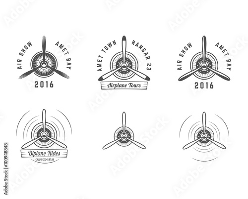 Set of Vintage airplane propeller emblems. Biplane labels. Retro Plane badges,design elements. Aviation stamps collection. Airshow logo and logotype. Old icon, isolated on white background. Vector photo