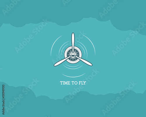 Vintage Airplane background with sky. Propeller emblem. Biplane label. Retro Plane wallpaper, design elements. Old prints for t shirt. Aviation brochure, flyer. Travel inspiration poster. 