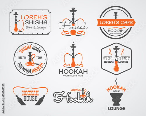 Hookah labels, badges and design elements collection. Vintage shisha logos set. Lounge cafe emblems.  Best for relax Arabian bar or house, shop. Isolated vector illustration.