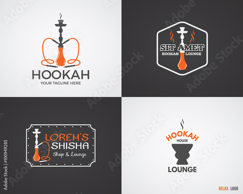 Set of Hookah relax labels, badges and design elements in 2 color variations. Vintage shisha logo. Lounge cafe emblem.  Arabian bar or house, shop insignia. Trendy palette. Isolated vector