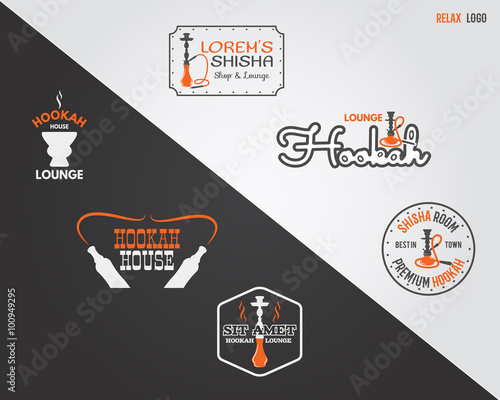 Set of Hookah relax labels, badges and design elements in 2 color variations. Vintage shisha logo. Lounge cafe emblem.  Arabian bar or house shop insignia. Isolated vector illustration. Relaxing stamp