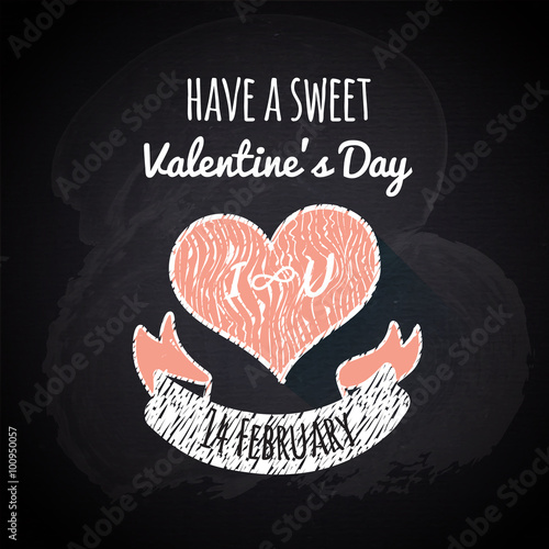 Happy Valentines day cards with hearts, ribbon and chalkboard texture. typography vector photo