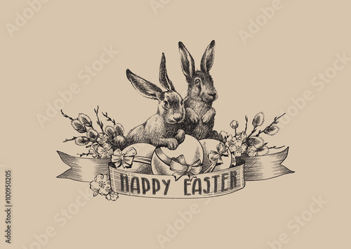 Vintage easter bunnies willow eggs illustration composition