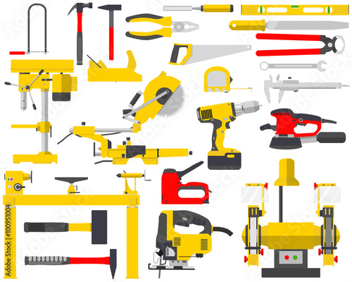 Top view of an isolated set of tools for the repair of a carpenter on a white background. Woodworking and carpentry, construction tools. Vector illustration