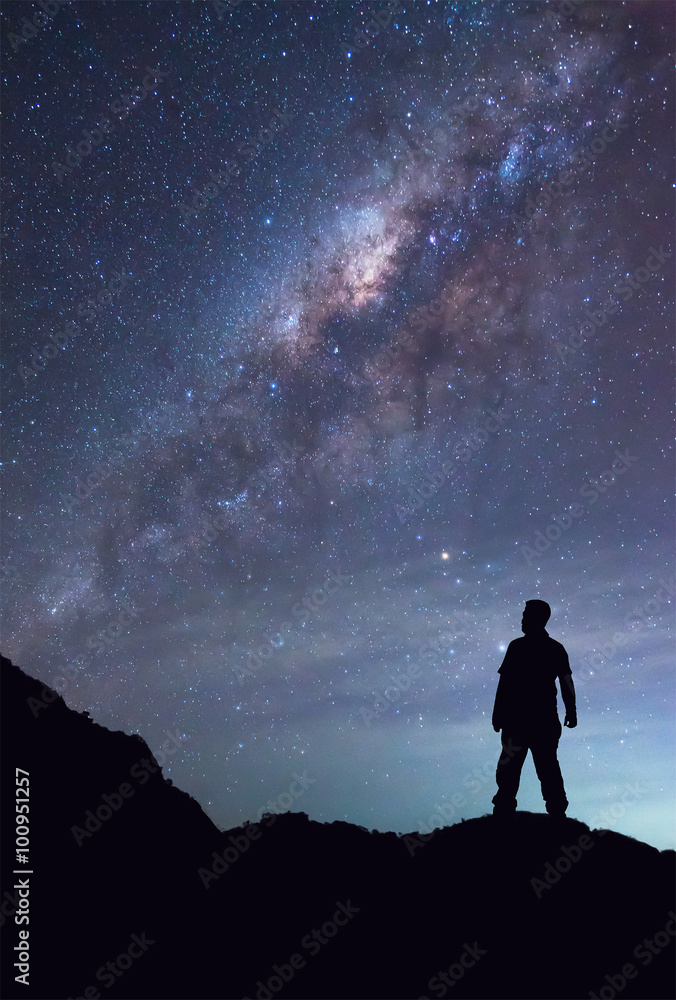 A person is standing and seeing Milky Way galaxy on night sky.