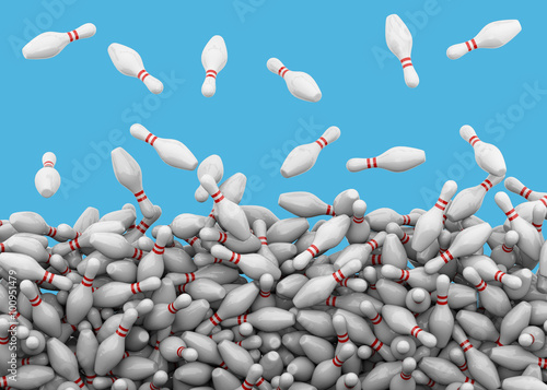 Tens of bowling pins falling from above
