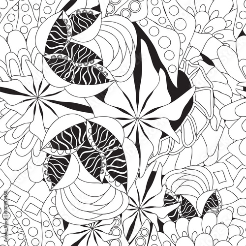 stock vector seamless doodle floral pattern, black and white