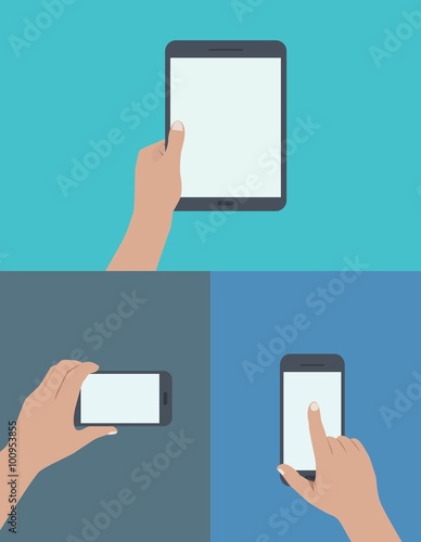 Flat design style modern vector illustration. set of hands holding digital tablet and mobile phone with blank screen in many hand position and many action. modern and nice color.